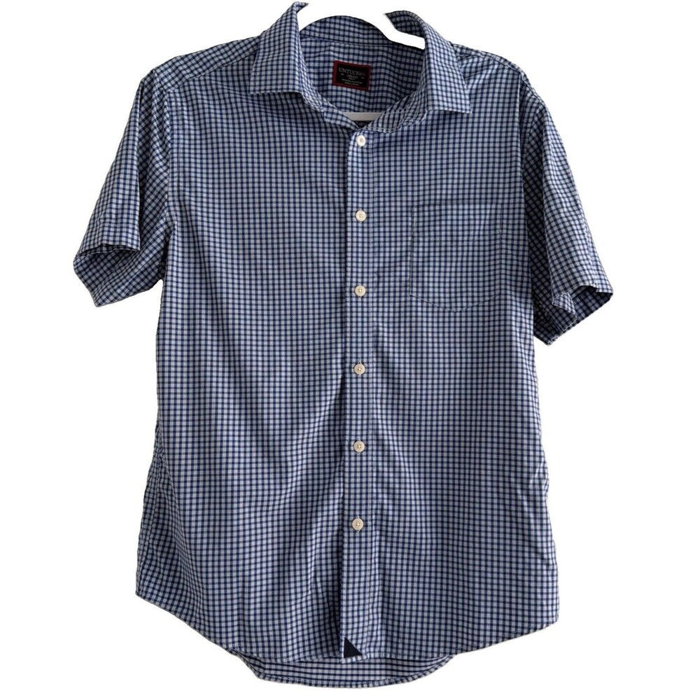 Untuckit Short Sleeve Button Up Shirt - Size M Slim Fit Blue White Checkered